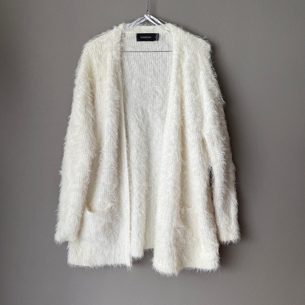 MINKPINK sz M Fuzzy Knit Open Front Cardigan Cream White Cozy Coquette Lagenlook